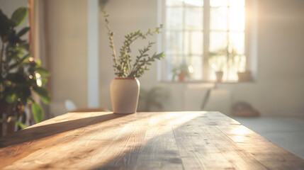 A beautifully lit table with a vase and plants, creating a serene and inviting atmosphere for enjoying coffee