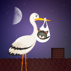 illustration of stork with little cat