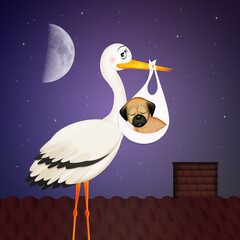 illustration of stork with puppy dog