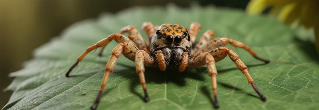 A marbled orbweaver spider resting on a sunflower leaf, spider resting, botanical details, arachnid behavior