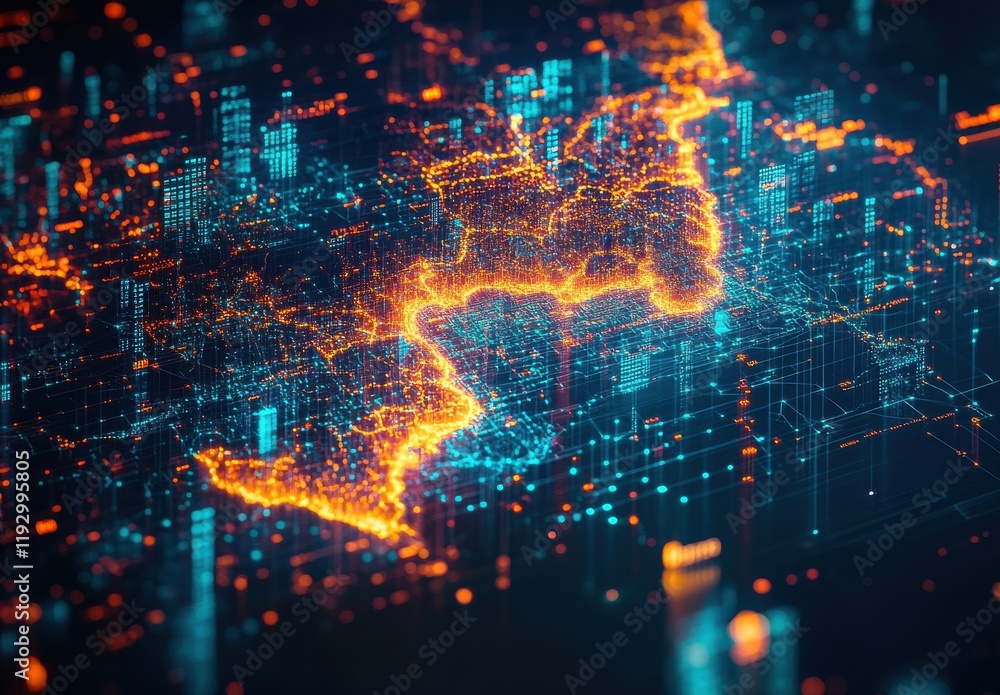 Poster futuristic cityscape visualization with neon lights and data points illustrating urban development a