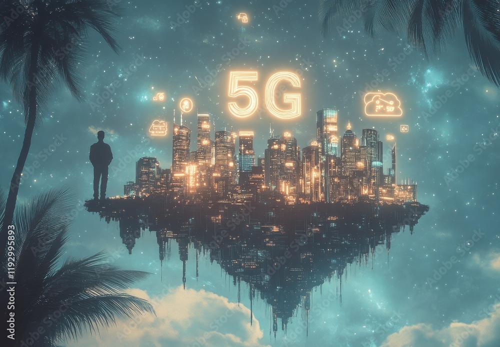 Poster futuristic cityscape with 5g technology in a surreal floating environment surrounded by palm trees a