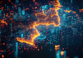 Obraz premium Futuristic Cityscape Visualization with Neon Lights and Data Points Illustrating Urban Development and Digital Connectivity in a Modern Metropolis