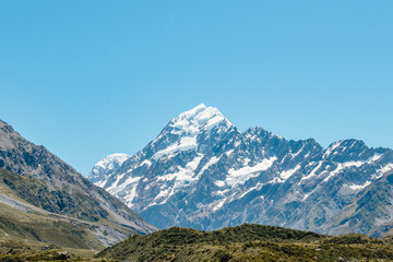 View of Aoraki Mount Cook National Park from Hooker Valley Track, South Island of New Zealand