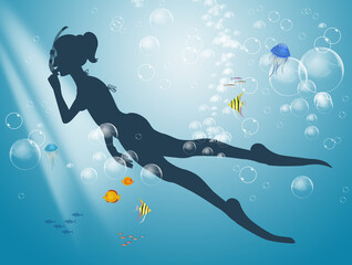 snorkeling girl to the sea illustration