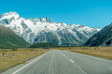 View of Aoraki Mount Cook National Park from Hooker Valley Track, South Island of New Zealand