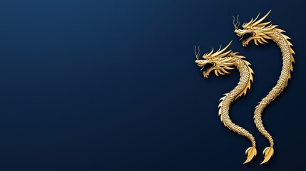 Fototapeta premium Two golden dragons on dark blue background with phoenix in luxury chinese vector illustration