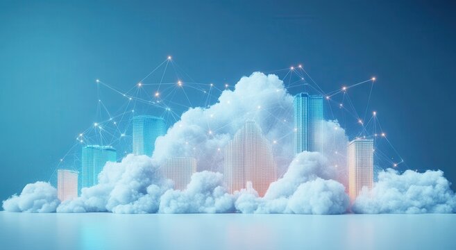 Futuristic Cityscape Surrounded by Digital Clouds, Representing Advanced Technology, Urban Development, and Innovative Architecture in a Hyper-Connected World