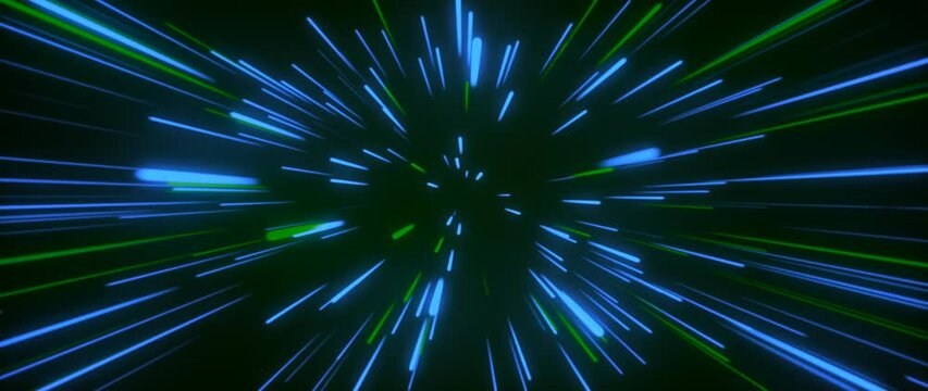 Neon lines zoom looping background motion graphic animation. Speed of light, neon glowing rays animation, festive fireworks, particle explosion. neon glow lines zooming,