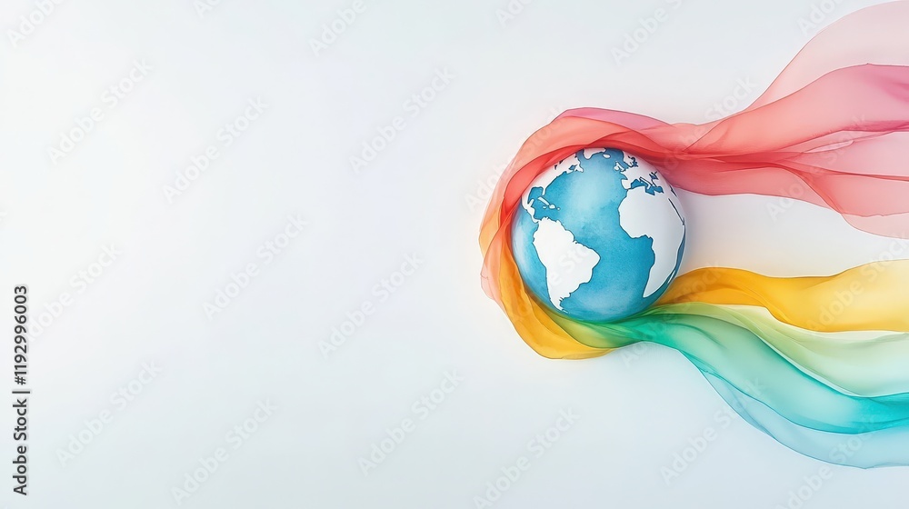 Poster earth wrapped in ribbons of color symbolizing unity and inclusion
