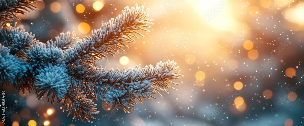Poster frosty pine branch with bokeh background.