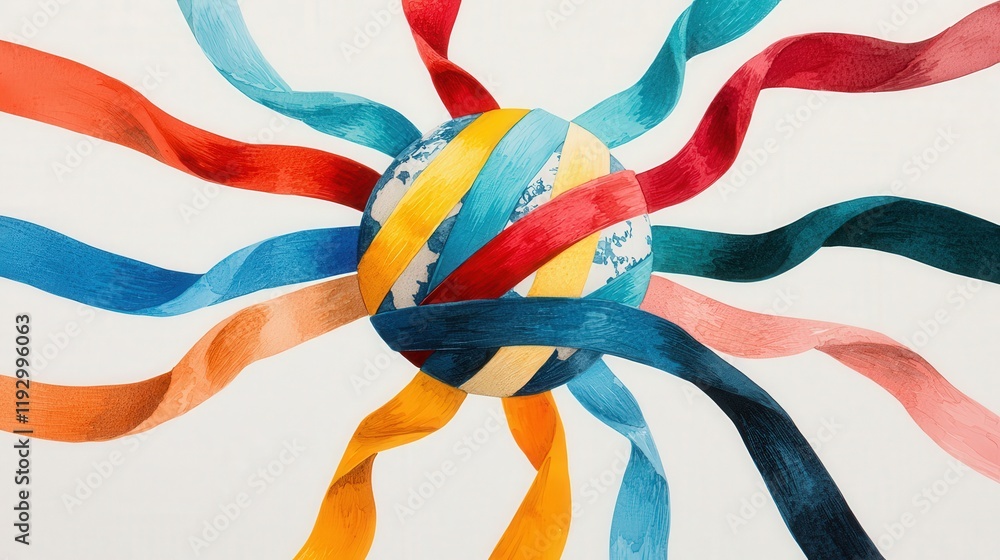 Poster earth wrapped in ribbons of color symbolizing unity and inclusion