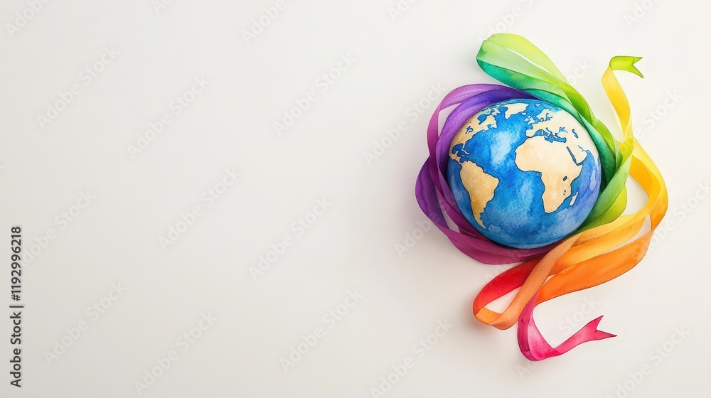 Poster earth wrapped in ribbons of color symbolizing unity and inclusion