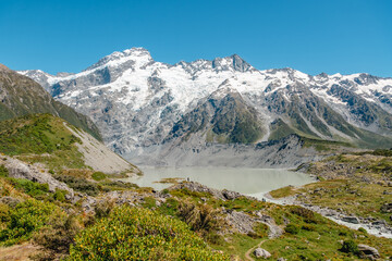 View of Aoraki Mount Cook National Park from Hooker Valley Track, South Island of New Zealand