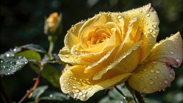 A bright yellow rose in the morning light with dew drops glistening on its petals, bright yellow, blooming flower, dew drops, roses - Powered by Adobe