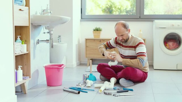 Inexpert man trying to connect plumbing pipes by himself
