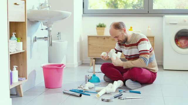 Inexpert man trying to connect plumbing pipes by himself