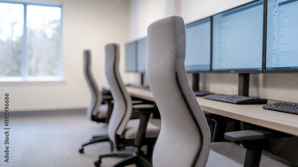 Poster modern office workspace with multiple computer stations and chairs