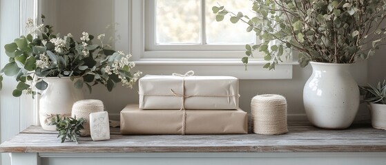 Gifts wrapped in kraft paper near window
