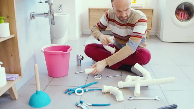 Inexpert man trying to connect plumbing pipes by himself