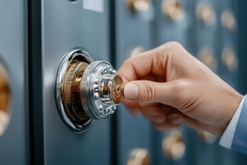 Hand turning a combination dial on a bank safe deposit box in a secure facility