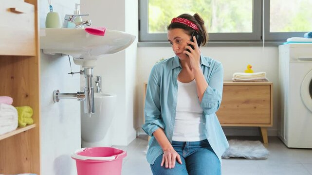 Disappointed woman calling a plumber at home