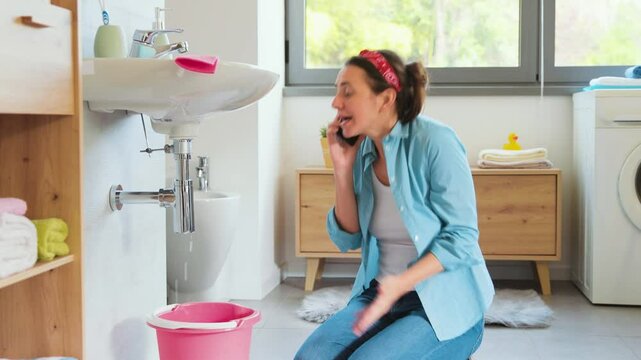 Stressed woman calling a plumber at home