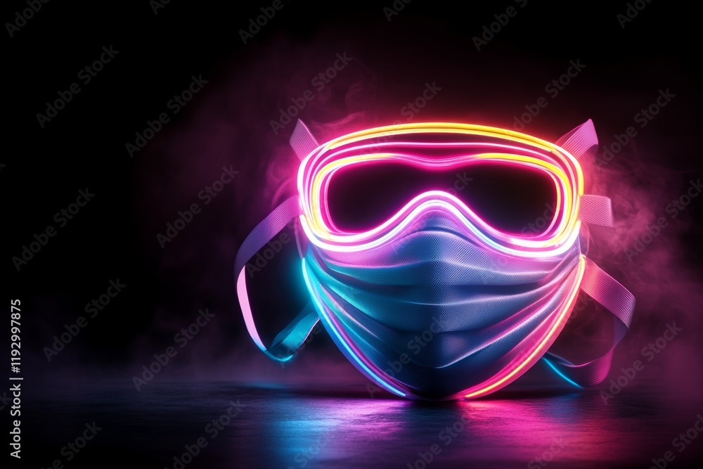 Poster a glowing uv face mask design isolated against a black background, highlighting its intricate neon p