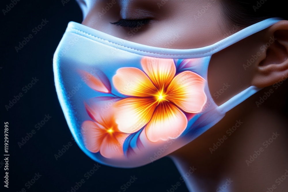 Poster a glowing uv face mask design isolated against a black background, highlighting its intricate neon p