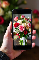 hand holding a smartphone with bouquet of flowers on the screen