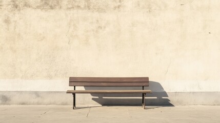 Wooden bench against a textured beige wall.