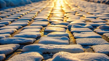 Fototapeta premium Sunlit Snow-Covered Stone Path A Winter's Day Scene