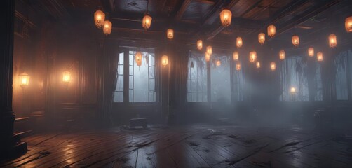 A mysterious room filled with fog and dimly lit lanterns, spooky, foggy-lit