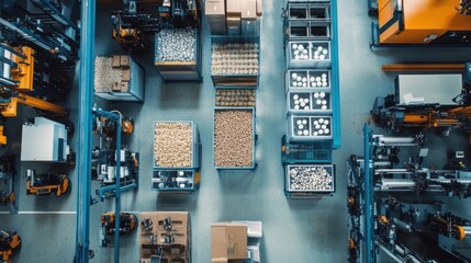 Modern warehouse management system optimizing logistics processes with automated guided vehicles transporting goods in smart factory using artificial intelligence and data analysis