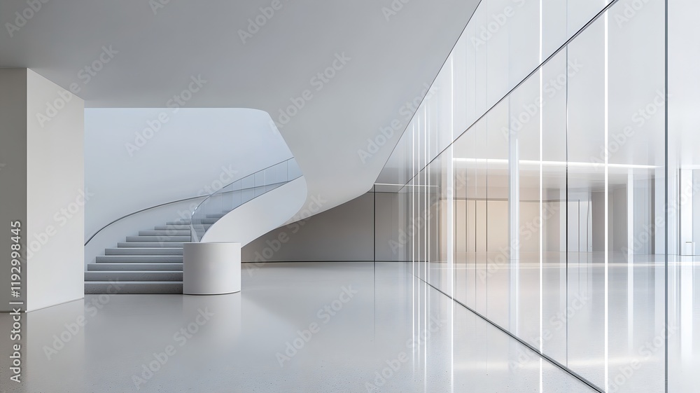 Poster twisting glass pathways with prismatic reflections in minimalist architectural setting