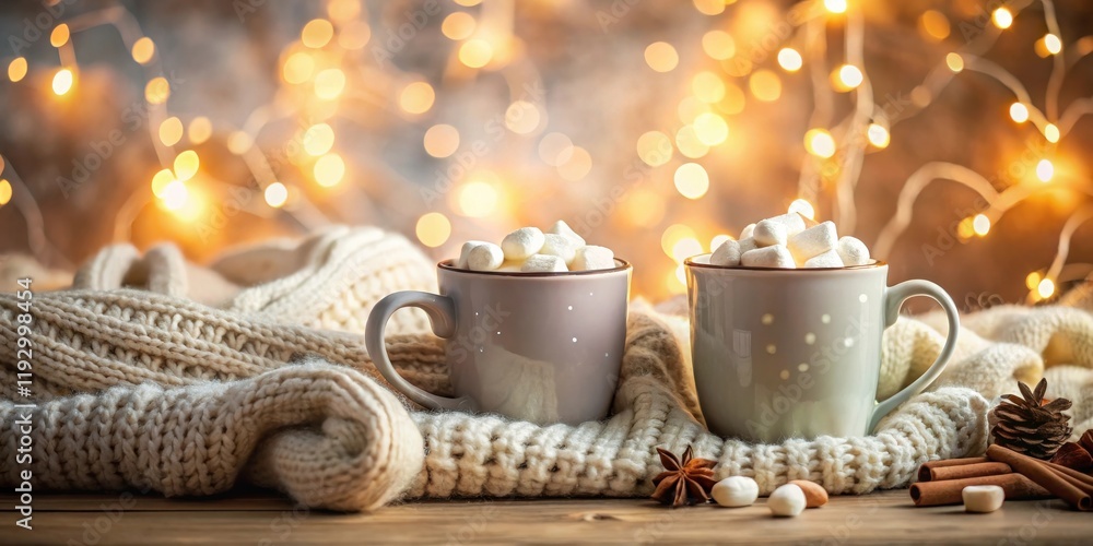 Poster cozy winter scene with mugs of hot chocolate and marshmallows nestled in a warm knitted sweater agai