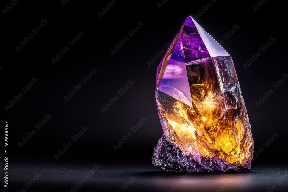 Poster a glowing crystal suspended in a dark space, with uv light revealing intricate internal patterns in 