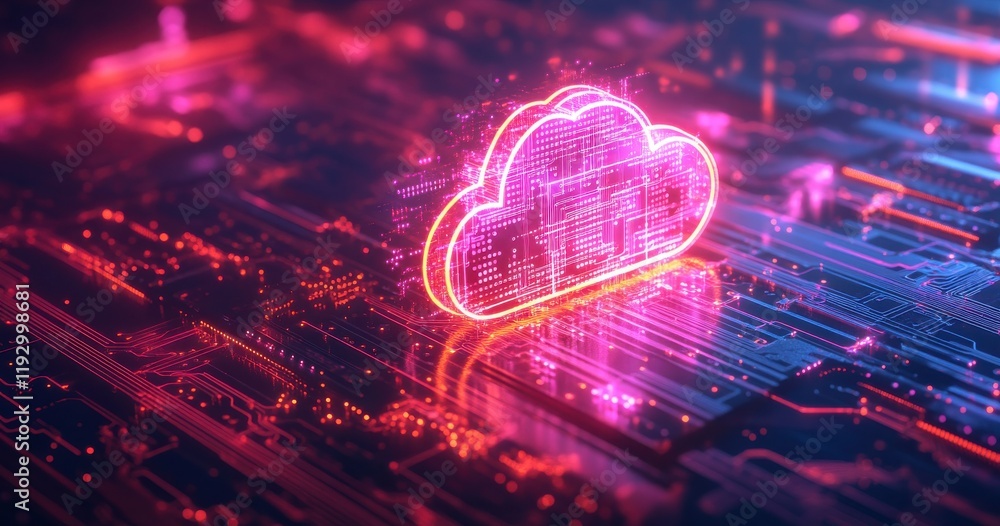 Poster futuristic cloud storage concept with abstract neon lights and circuit board patterns representing d