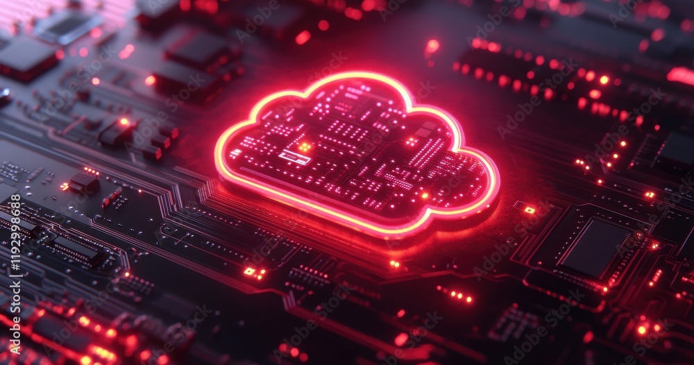 Poster futuristic cloud computing technology concept with red neon glow on dark circuit board background il