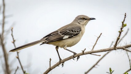 Fototapeta premium A northern mockingbird perched on a thin branch with its feet grasping tightly showcasing its striking colors, outdoors, forest, wing