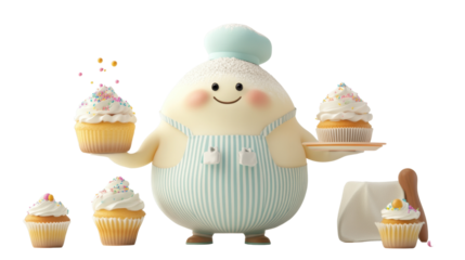 A cheerful and chubby baker, donning a blue chef's hat and striped overalls, strikes a pose with freshly baked cupcakes. His joyful expression and the colorful sprinkles add a delightful touch to this