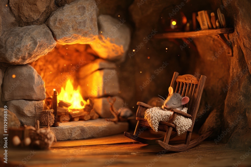 Aufkleber cozy mouse resting in a handmade rocking chair near a warm fire in a rustic interior setting. genera
