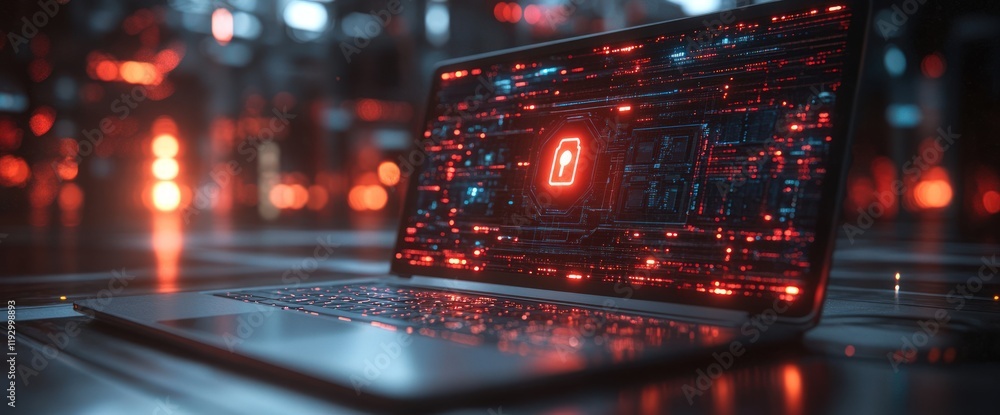 Poster futuristic laptop displaying digital data and a security lock icon on a dark background.