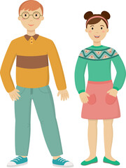 Full-length illustration of a cute boy and girl standing together.  Adolescent children
