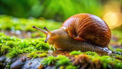 A close-up of a brown slug crawling on a wet, mossy background with slime dripping from its body, outdoor, land, biology, forest floor