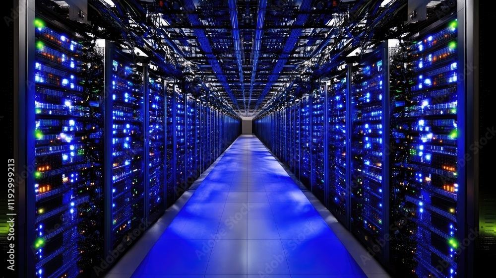 Aufkleber an advanced data center with racks of glowing servers and cooling systems.