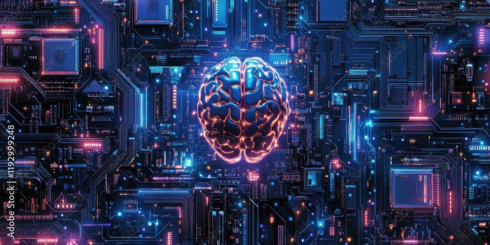 Poster futuristic concept of artificial intelligence represented by a glowing brain surrounded by neon circ