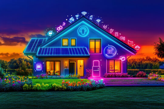 This vibrant image showcases a futuristic smart home, adorned with glowing icons representing technology, sustainability, and connectivity, amid a stunning sunset backdrop.