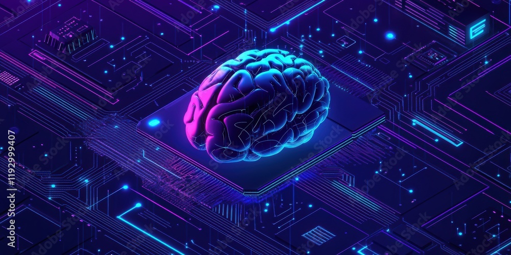 Poster futuristic concept of artificial intelligence with a glowing human brain surrounded by digital circu