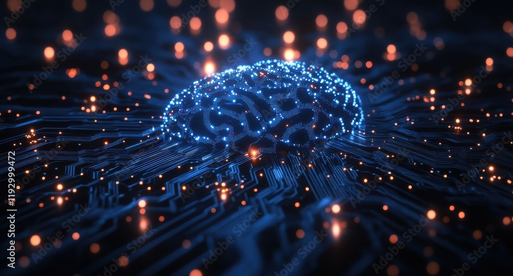 Poster futuristic concept of artificial intelligence showcased by a glowing brain surrounded by circuit pat